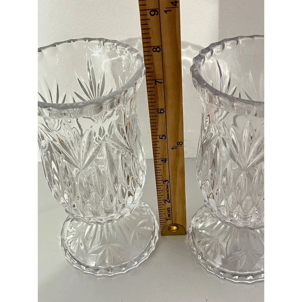 Vintage Hurricane Candle Holder Set  Clear Glass‎ Starburst Pressed Pattern